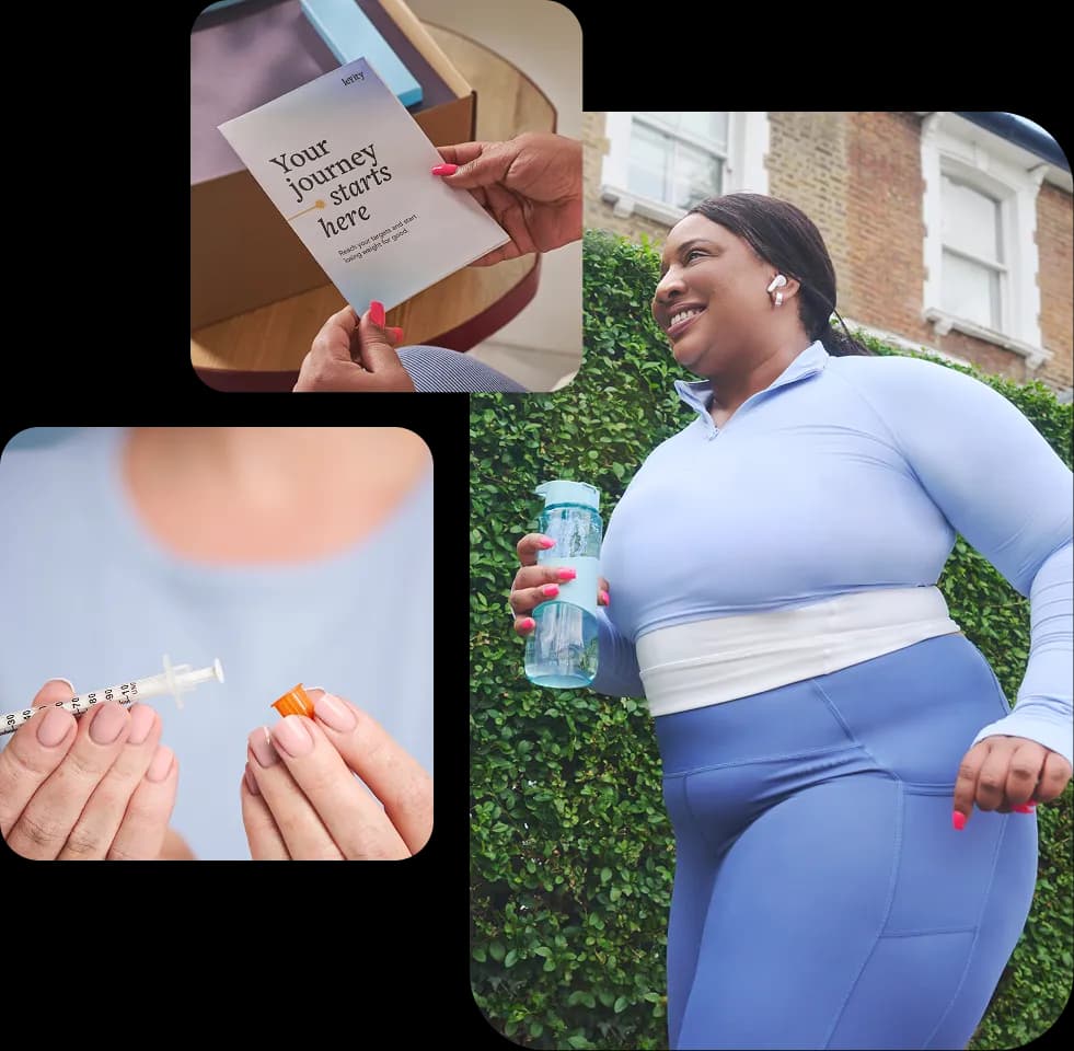 Woman jogging holding a water bottle, a package, and a Liraglutide vial