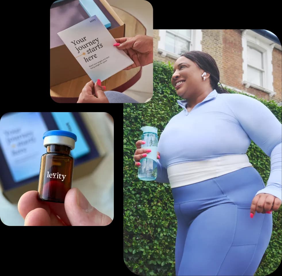 Woman jogging holding a water bottle, a package, and a Semaglutide vial